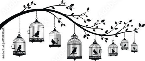 Bird cages hanging on tree branch silhouette elegant nature illustration vintage decorative vector design with birds artistic composition isolated