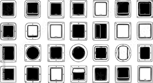 Flush-Mounted Access Hatches  Locker Doors Vector Set. Line art illustrations of diverse shapes (square, round, oval) and recessed opening mechanisms for marine, RV, industrial use.