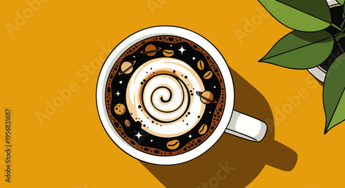 Artistic coffee cup with galaxy and planet latte art, featuring a swirling milky way design. Overhead view on a vibrant yellow background with a green plant.