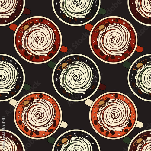 Seamless pattern of cosmic coffee cups, galaxy-themed hot drinks from above, featuring creamy whipped swirls and celestial elements, vector illustration.