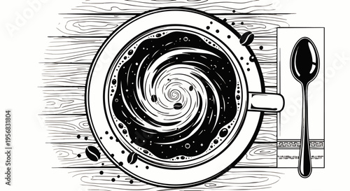 Top view of a swirling vortex of dark coffee in a white cup with scattered beans on a wooden table, black and white illustration
