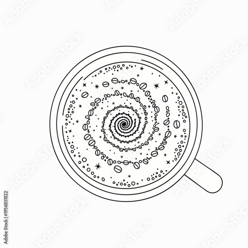 Top view of a cup of coffee with a swirling pattern and coffee beans, line art illustration