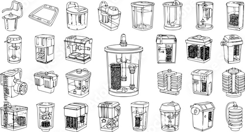 Variety of Aquarium Filters: Black and White Line Art Illustration