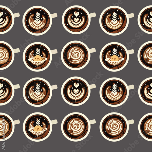 Seamless pattern of coffee cups with latte art, top view, on a gray background