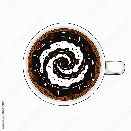 Creative coffee cup with swirling milk and coffee beans, top view, galaxy spiral design