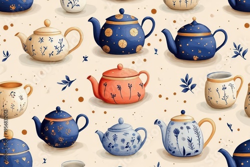 assorted hand-painted ceramic teapots and small pitchers in blue, cream and coral with floral motifs, scattered leaves and dots, cozy whimsical pattern
