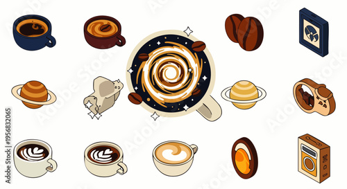 Cosmic Coffee Collection: Isometric Icons of Coffee Cups, Beans, and Planets in a Galactic Theme