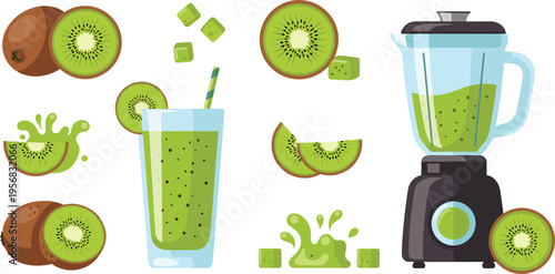 Kiwi Smoothie Preparation Vector Set with Blender, Glass, Fresh Fruit Slices and Splashes for Healthy Drink, Detox Juice and Organic Beverage Design