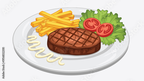 Appetizing grilled beef steak served with golden french fries, sliced tomatoes, and fresh lettuce on a white ceramic plate.