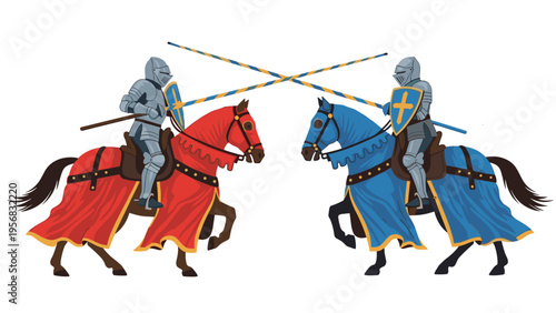 Two medieval knights in silver armor on red and blue caparisoned horses engaged in a jousting tournament with long lances.