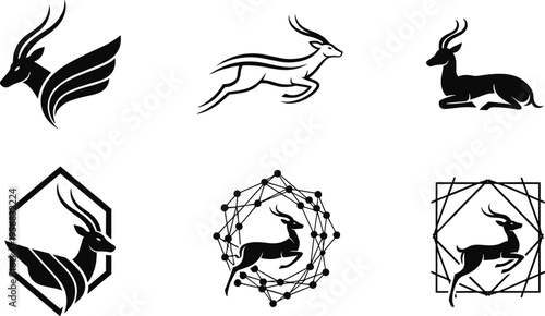 Black antelope deer logo set minimalist geometric wildlife silhouettes modern emblem branding vector icons collection abstract animal design bundle