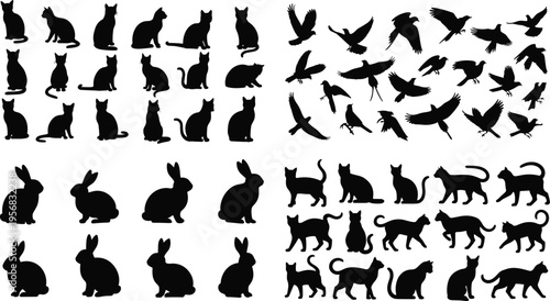 Black animal silhouettes collection with cats rabbits and birds in different poses vector set isolated for creative design use