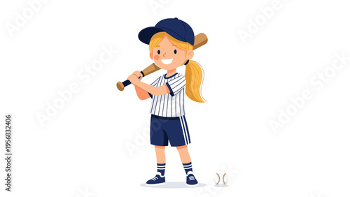 Happy young girl in a blue and white striped baseball uniform holding a wooden bat over her shoulder with a smile.