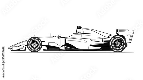 Detailed black and white side-view silhouette of a fast modern formula racing car on a plain white background for design.