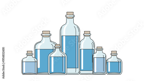 Group of clear glass potion bottles with blue liquid and cork stoppers arranged in a tiered formation on a clean white background.