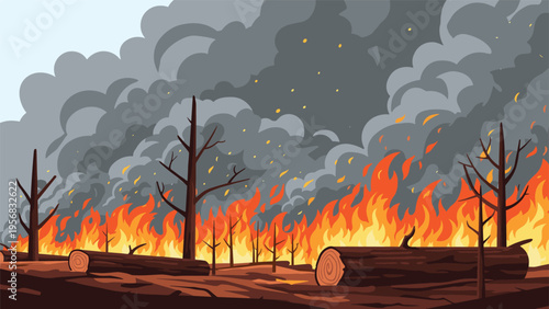 Forest fire animation scene showing burning trees and heavy smoke in a pixel art style for environmental awareness or disaster themes.