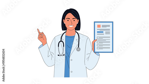 Professional female doctor wearing a white lab coat and stethoscope holding up a medical report and pointing to a list of health data.