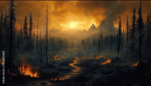 Smoky orange sunset over a charred forest with skeletal trees, smoldering ground fires and a winding ember-strewn path toward jagged mountains, ominous and desolate
