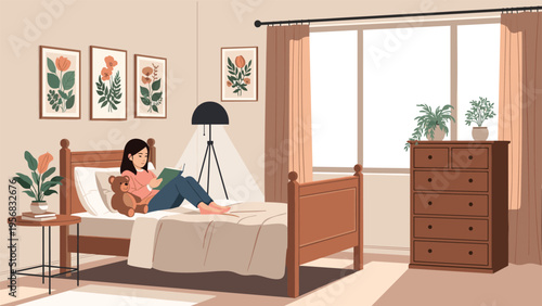 Young girl reading a book in her cozy bedroom with a teddy bear and indoor plants creating a peaceful domestic interior home scene.