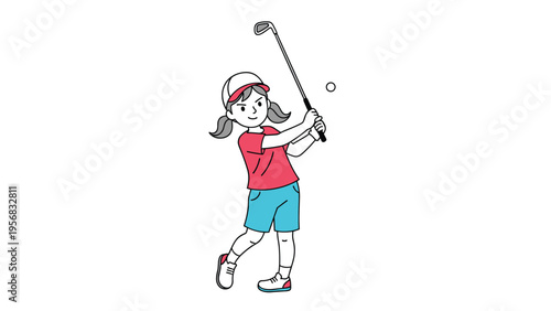 Young girl in a red shirt and blue shorts playing golf and swinging her club at a small white ball in a simple cartoon character style.