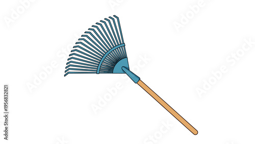 Blue leaf rake with a long wooden handle positioned diagonally on a plain white background for gardening and yard work design themes.