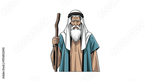 Biblical shepherd character with a long white beard wearing traditional robes and holding a wooden staff on a plain white background.