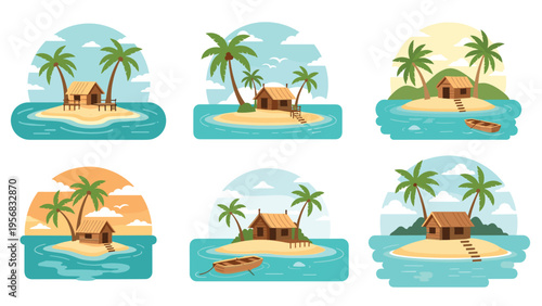 Set of six tropical island icons featuring small wooden huts palm trees and calm ocean water under various outdoor lighting conditions.