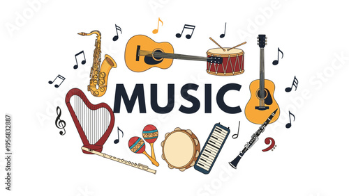 Musical instruments collage featuring a guitar harp drum saxophone and others arranged around the word music in bold navy lettering.