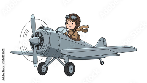 Cartoon pilot flying a vintage propeller airplane wearing a flight cap and goggles with his scarf blowing in the wind behind him in sky.