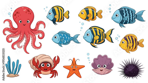 Collection of colorful underwater creatures including an octopus crab starfish sea urchin and various tropical coral reef fish species.