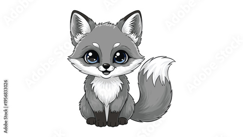 Adorable cartoon grey fox sitting with large expressive blue eyes and a fluffy tail is isolated on a clean white background.
