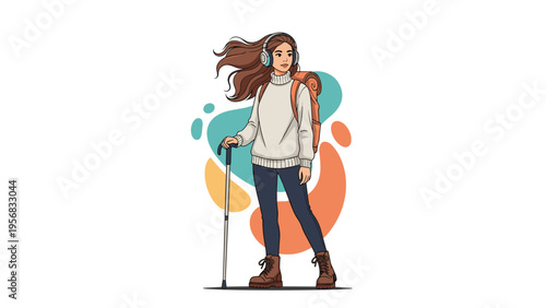 Young woman hiker with a backpack and walking stick listens to music through headphones against a colorful abstract background backdrop.