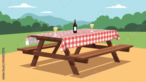 Wooden picnic table with a red checkered tablecloth set with a wine bottle and two glasses in a scenic green park landscape under blue sky.