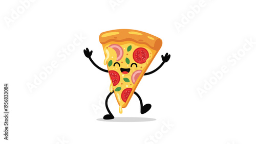 Cheerful cartoon pizza slice with a happy face and arms raised in excitement features melted cheese, pepperoni, and fresh basil leaves.
