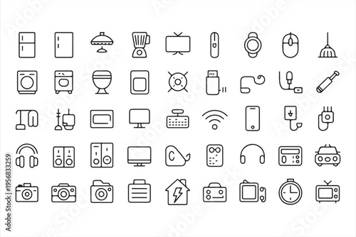 Home appliance electronics icon set with household devices and smart technology symbols