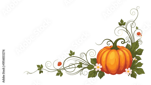 Vibrant orange pumpkin decorated with white flowers and green vines is arranged in a corner frame design for autumn themes.
