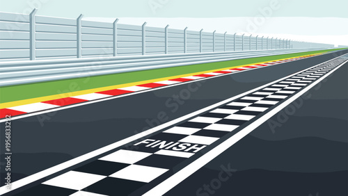 View down a professional race track toward the checkered finish line with safety fences and green grass under a clear sky.