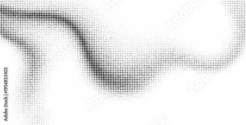 Abstract wave of black dots on white backdrop with halftone gradient dot background texture