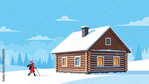 Lone hiker walking through deep snow toward a cozy wooden log cabin in a serene winter landscape with evergreen trees.