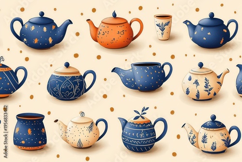 Hand-painted teapots and teacup in blue, cream and orange with floral motifs, dotted accents and a whimsical cozy mood