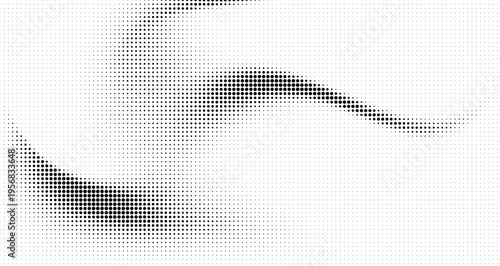 Curved halftone gradient flow with grunge halftone style and dark dot background texture