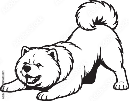 Chow Chow play bow invitation pose black and white line art illustration
