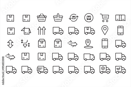 Delivery and Logistics Icon Set with Trucks and Shipping Symbols
