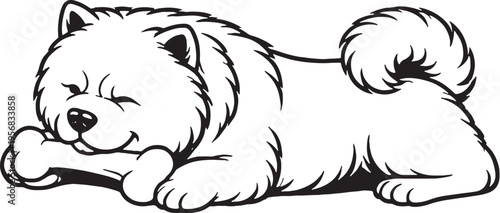 Chow Chow chewing bone lying down side view black and white line art illustration