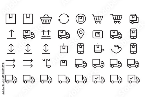 Delivery and Logistics Icon Set with Trucks and Shipping Symbols