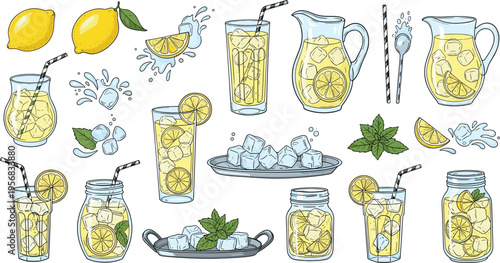 Lemonade and Citrus Drink Collection with Refreshing Glasses, Ice, Slices, Mint Leaves, and Pitcher Beverage Illustrations