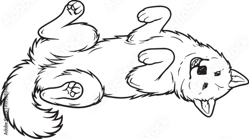 Alaskan Malamute Rolling on Back Playful Black and White Line Art Illustration