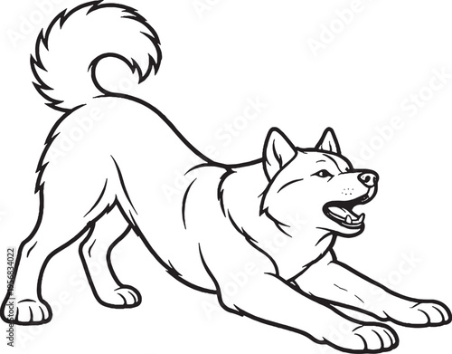 Alaskan Malamute Play Bow Pose Black and White Line Art Illustration