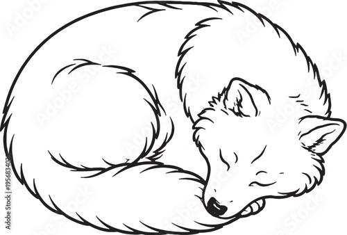 Alaskan Malamute Sleeping Curled Donut Top View Black and White Line Art Illustration