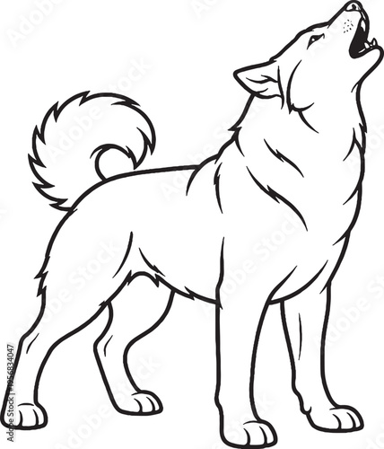 Alaskan Malamute Howling Head Up Black and White Line Art Illustration